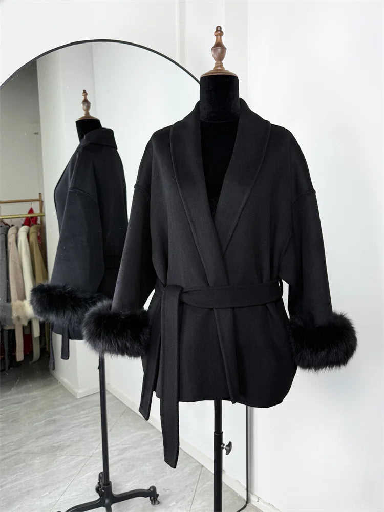 Women's Wool Coat with Fox Fur Cuffs – Elegant Belted Wrap Cardigan