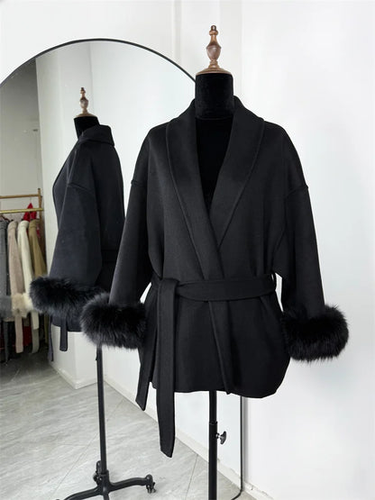 Women's Wool Coat with Fox Fur Cuffs – Elegant Belted Wrap Cardigan