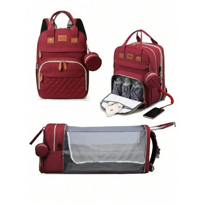 3-in-1 Diaper Bag Backpack with Foldable Baby Bed & USB Charging Port