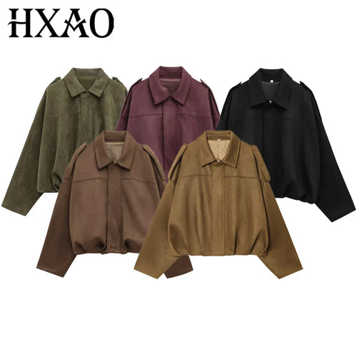 Suede Cropped Bomber Jacket Women Oversized Batwing Sleeve Casual Coat