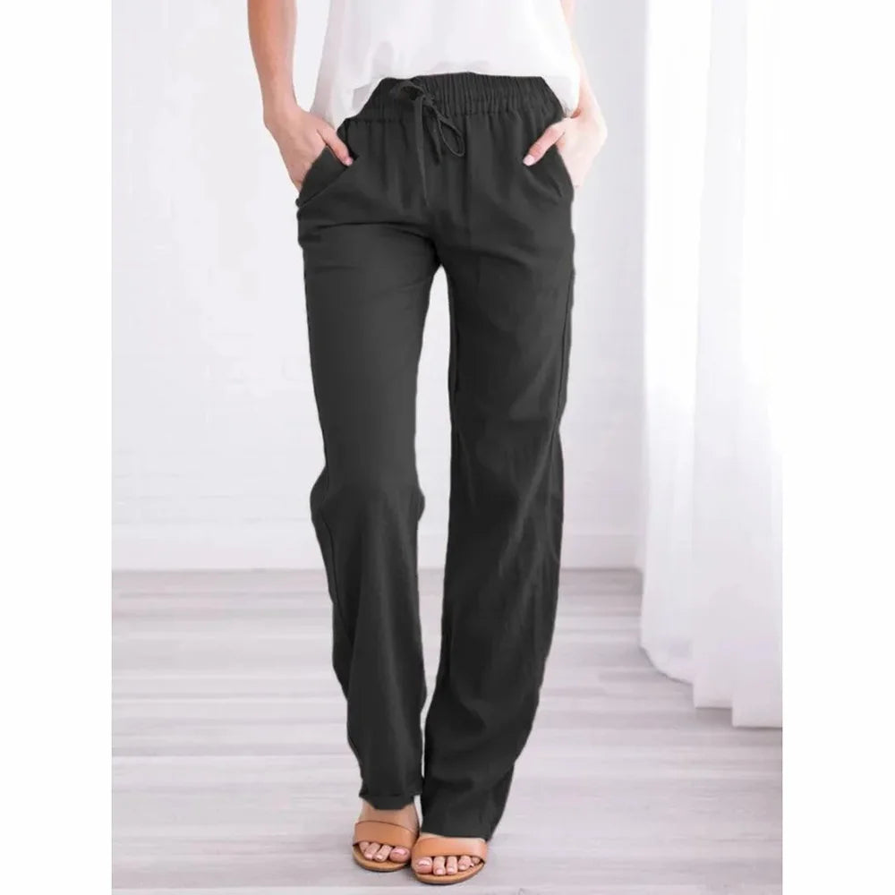 Women's Cotton Linen Drawstring Pants – Loose Straight Leg