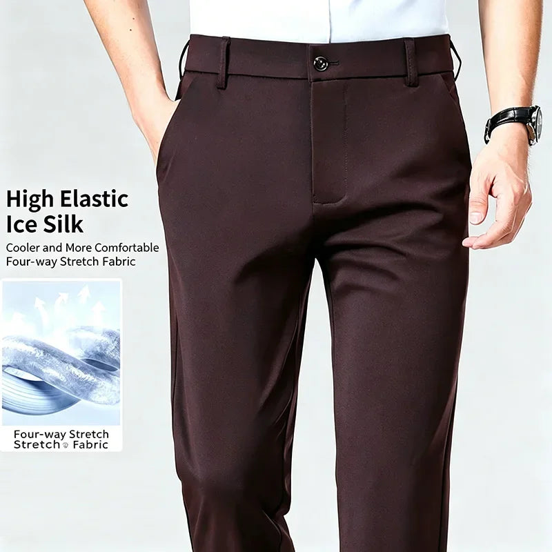 Men's Stretch Dress Pants – Ice Silk Wrinkle-Resistant Formal Trousers