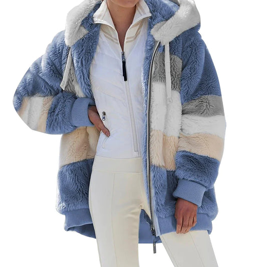 Oversized Plush Hooded Jacket for Women – Warm Zip-Up Streetwear Coat