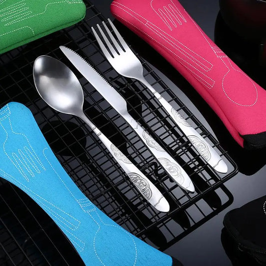 Portable Travel Cutlery Set with Zipper Pouch – Knife, Fork & Spoon