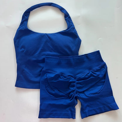 Women's 2-Piece Gym Set – Backless Halter Top & Seamless Shorts