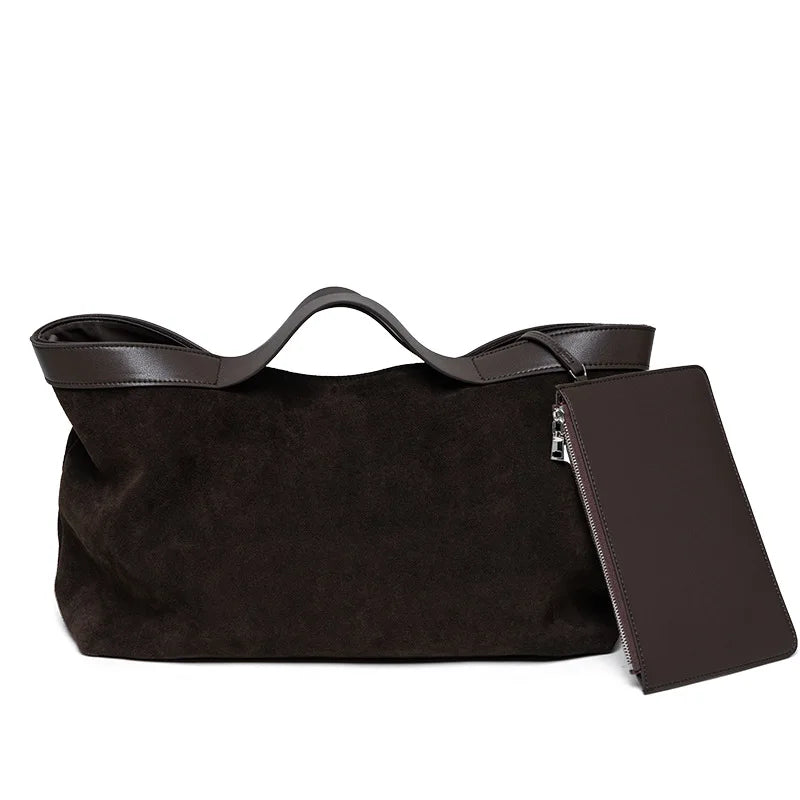 Oversized Suede Tote Bag with Leather Trim & Pouch