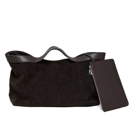 Oversized Suede Tote Bag with Leather Trim & Pouch