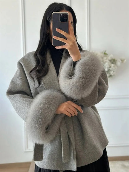 Women's Wool Coat with Fox Fur Cuffs – Elegant Belted Wrap Cardigan
