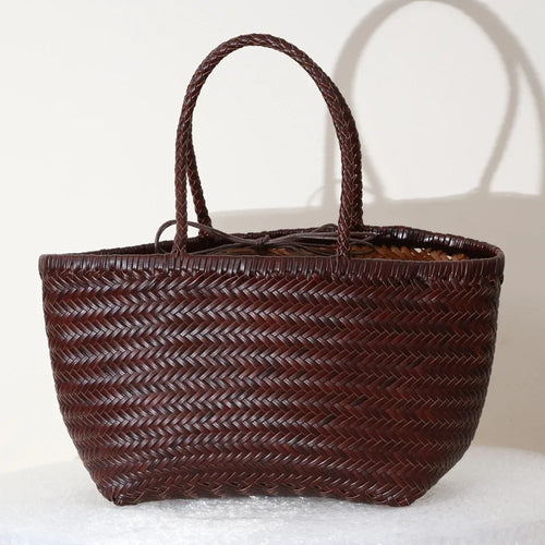 Woven Genuine Leather Tote Bag for Women – Cowhide Shoulder Bag