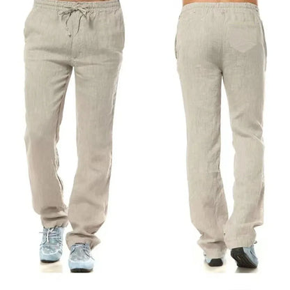 Men's Cotton Linen Pants – Breathable Drawstring Trousers with Back Pocket
