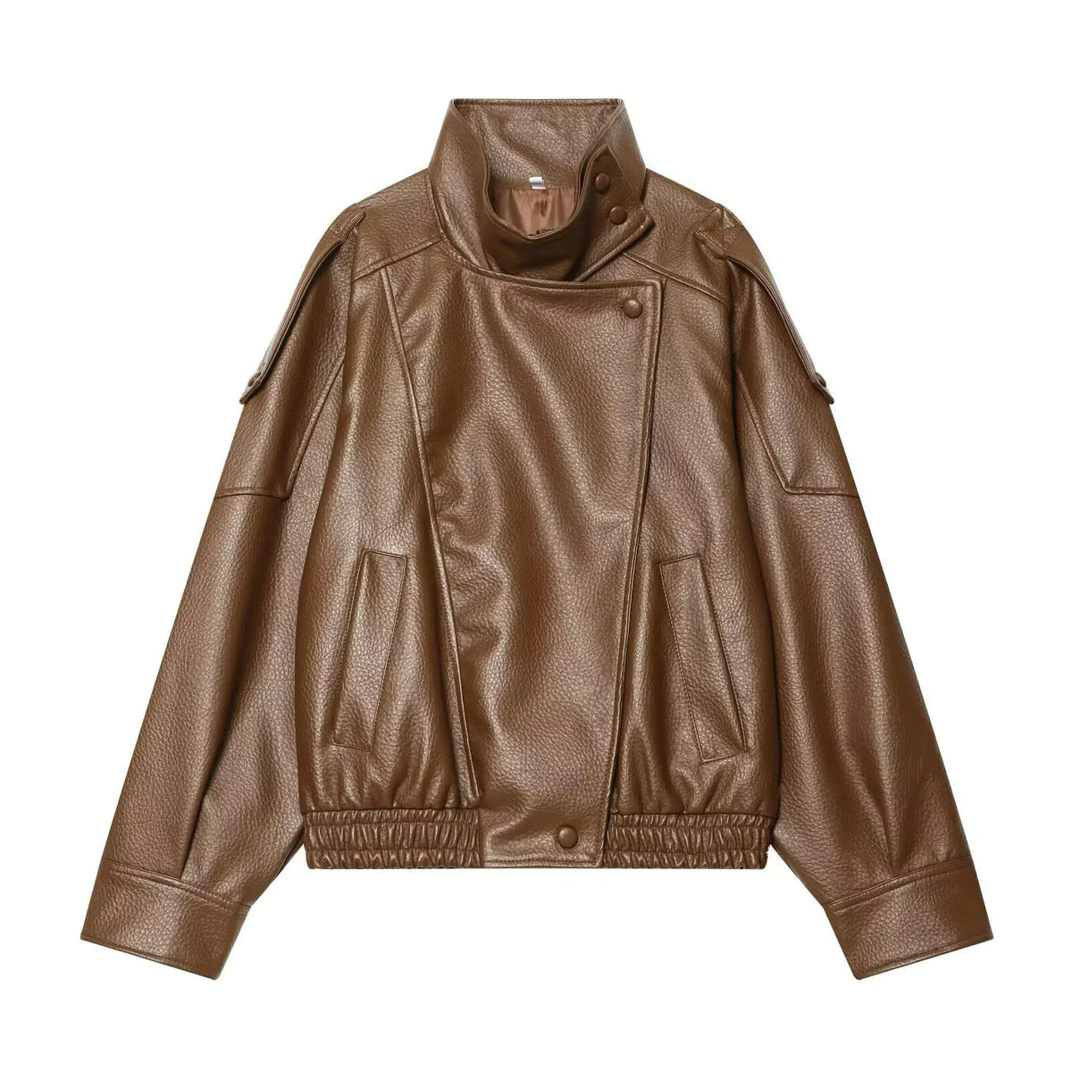 Oversized Faux Leather Jacket for Women – Button Closure