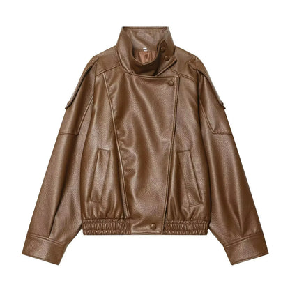 Oversized Faux Leather Jacket for Women – Button Closure
