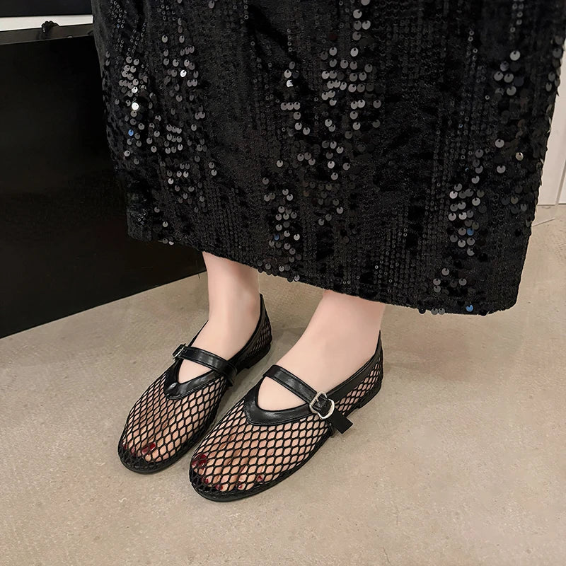 Women's Mesh Mary Jane Flats – Breathable Round Toe Buckle Casual Shoes