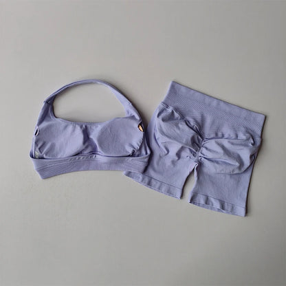 Women's Halter Neck Sports Bra & Scrunch Shorts Set