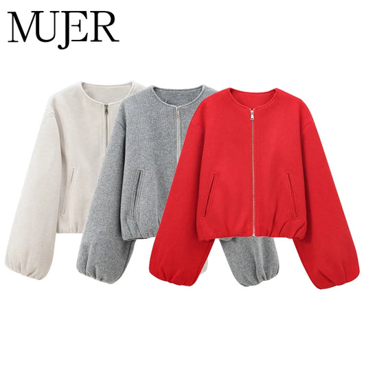 Women's Cropped Bomber Jacket – Soft Zip-Up Long Sleeve Outerwear