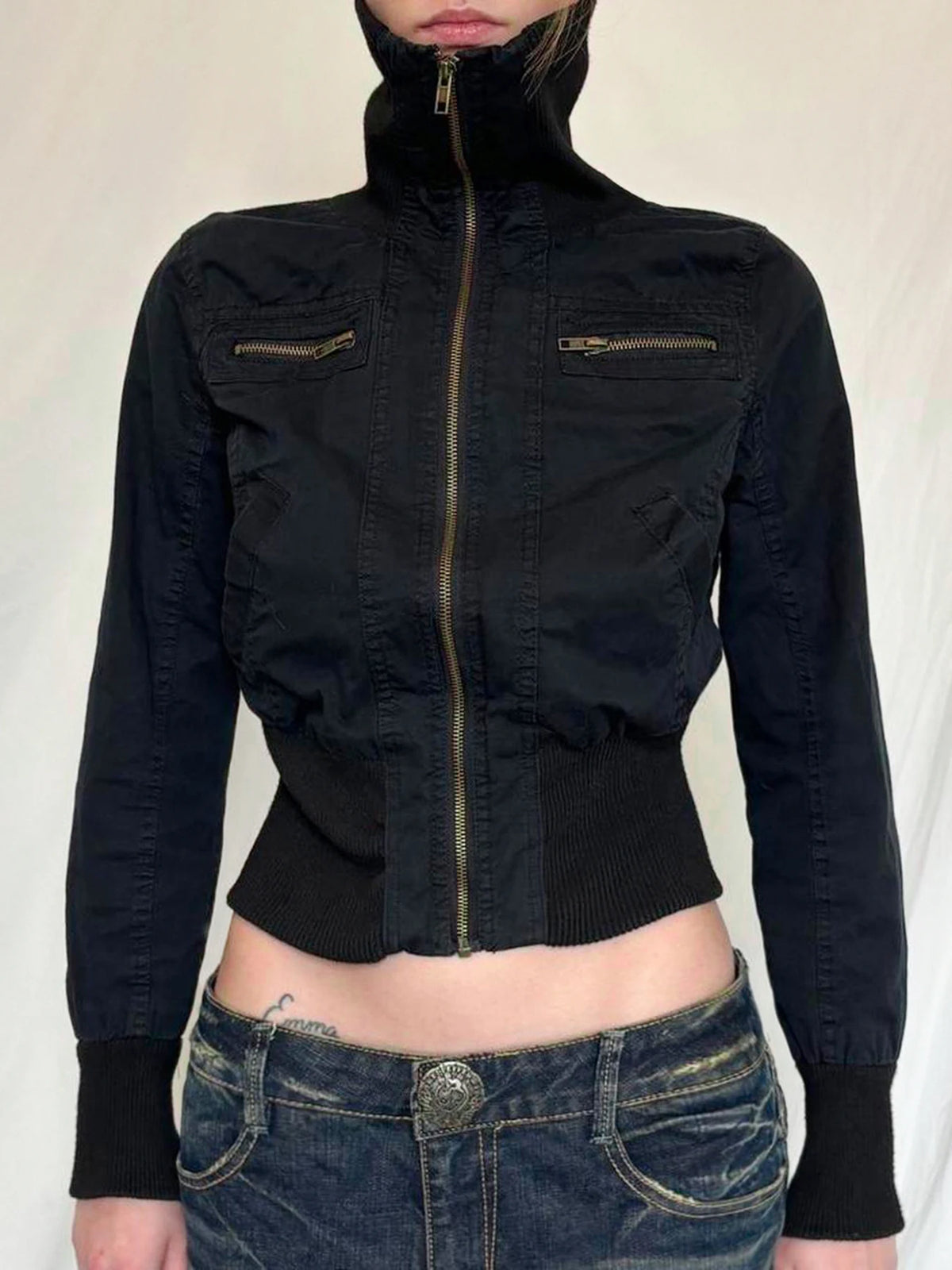 Y2K Cropped Zip-Up Jacket for Women – Slim Fit Streetwear Coat