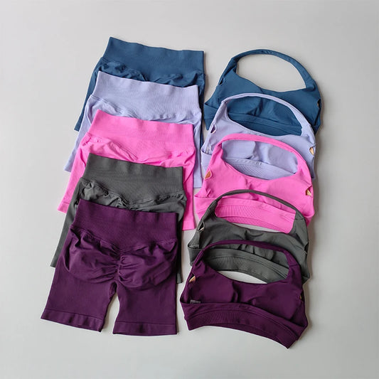 Women's Halter Neck Sports Bra & Scrunch Shorts Set