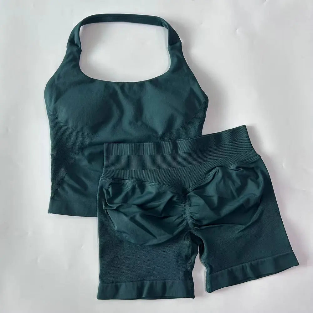 Women's 2-Piece Gym Set – Backless Halter Top & Seamless Shorts