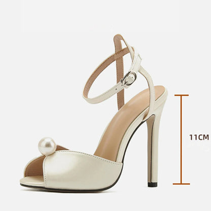 Pearl Embellished Stiletto Sandals for Women – Silk Peep Toe Heels