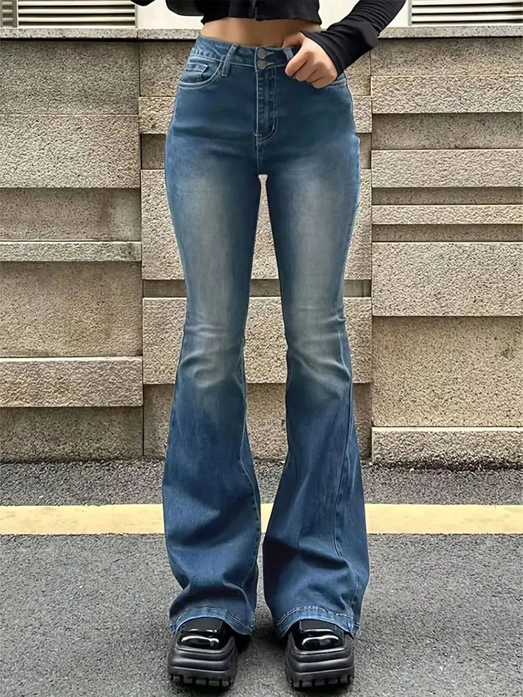 Women's High-Waist Flare Jeans – Stretch Bell Bottom Denim Pants