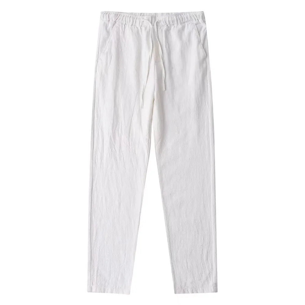 Men's Cotton Linen Pants – Breathable Drawstring Trousers with Back Pocket