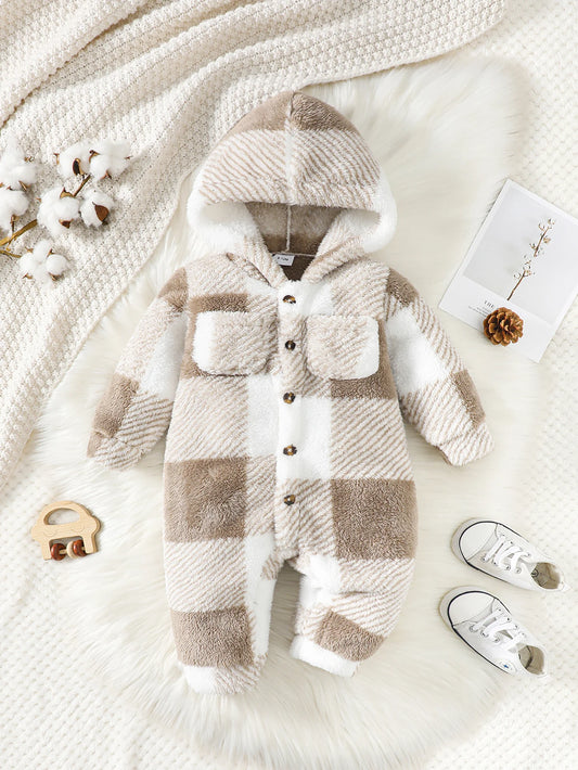 Baby Plush Plaid Romper – Hooded Winter Jumpsuit for Boys & Girls 3-24M