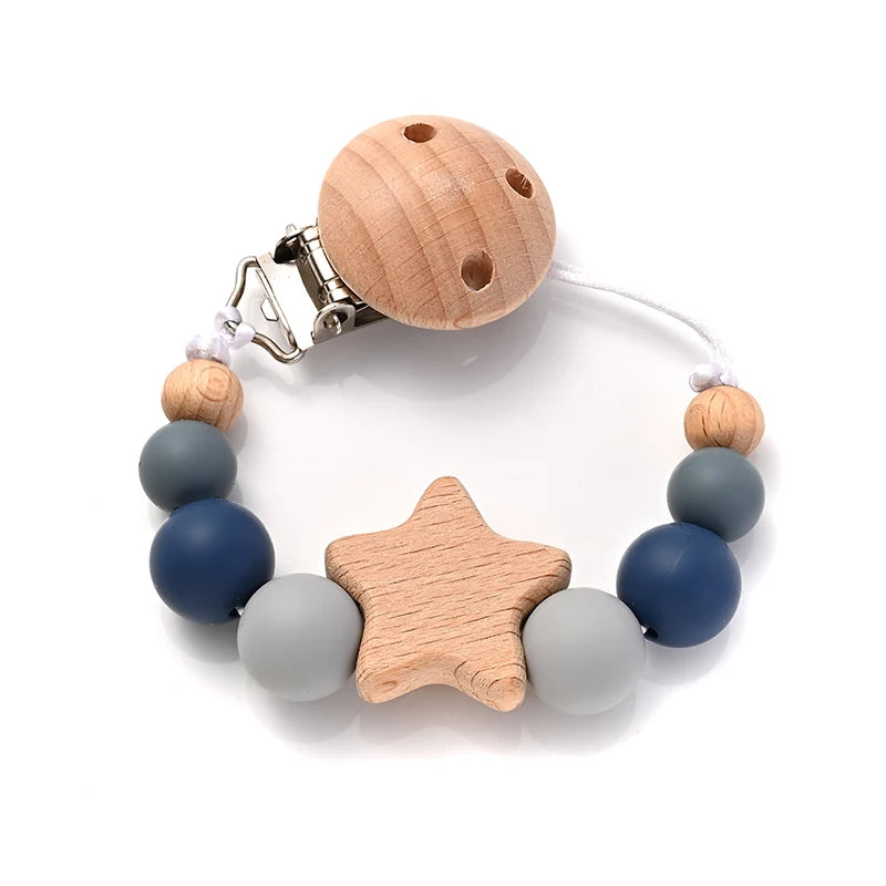 Wooden Star Pacifier Clip Chain with Silicone Teething Beads
