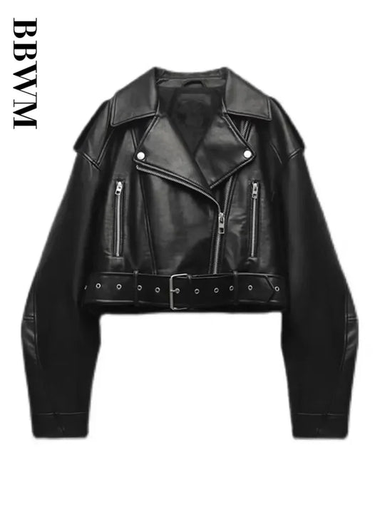 Faux Leather Moto Jacket – Women's Oversized Cropped Biker Coat with Belt