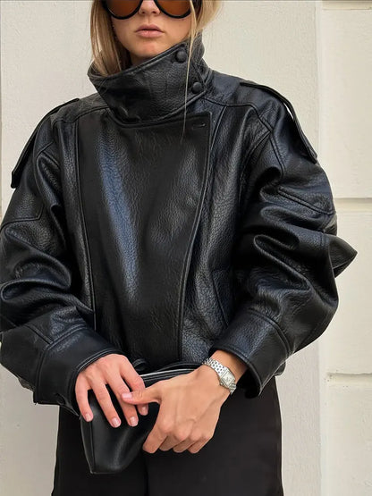 Faux Leather Moto Jacket for Women – Oversized PU Streetwear Coat
