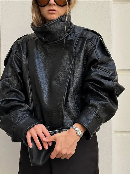 Faux Leather Moto Jacket for Women – Oversized PU Streetwear Coat