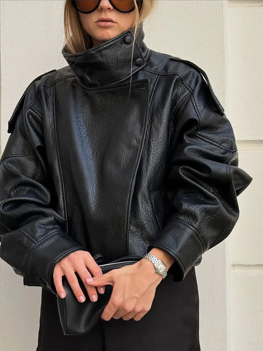 Faux Leather Moto Jacket for Women – Oversized PU Streetwear Coat