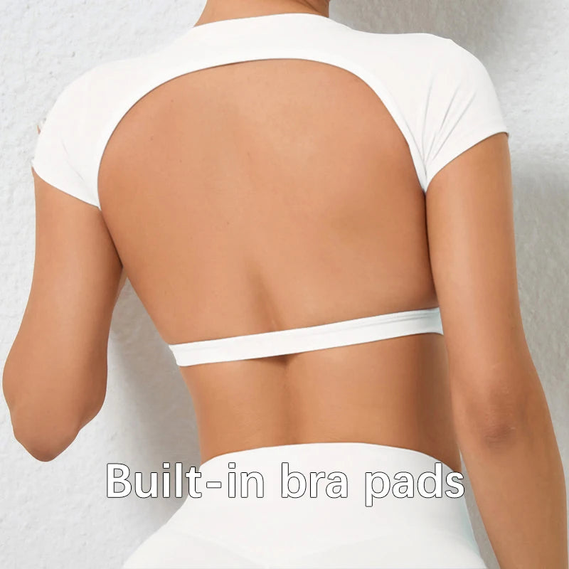 Women's Workout Crop Top – Backless Yoga Shirt with Built-In Chest Pads