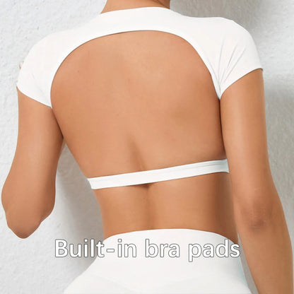 Women's Workout Crop Top – Backless Yoga Shirt with Built-In Chest Pads