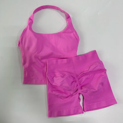 Women's 2-Piece Gym Set – Backless Halter Top & Seamless Shorts