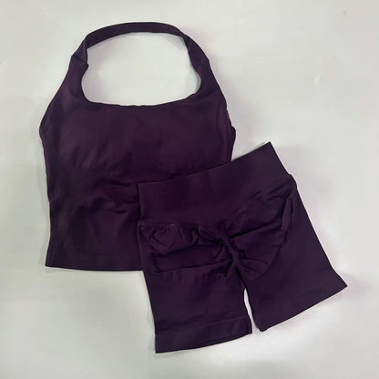 Women's 2-Piece Gym Set – Backless Halter Top & Seamless Shorts