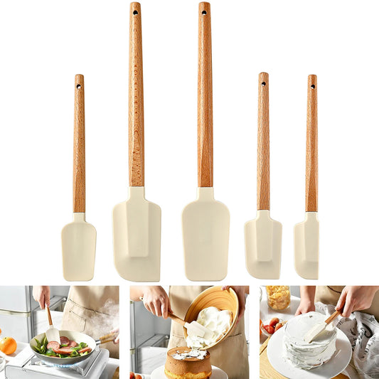 Silicone Spatula Set with Wooden Handle – 5 Piece Baking Scraper Kit