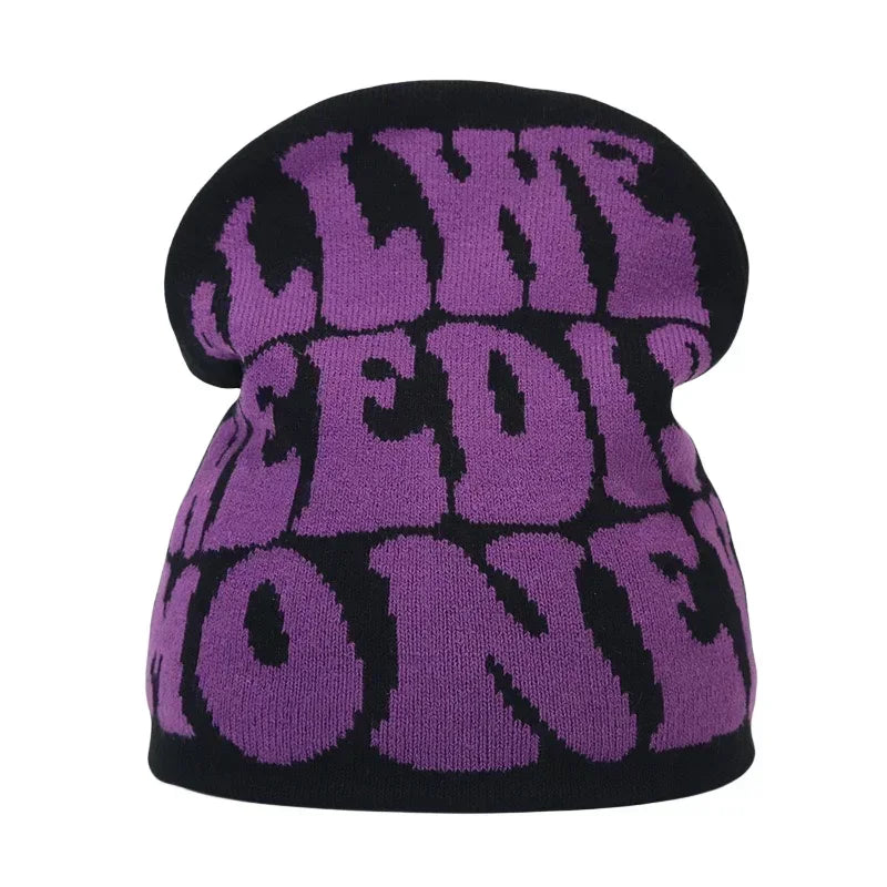 Y2K Letter Print Knit Beanie Hat – Unisex Winter Cap