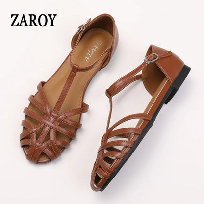 Women's Flat Roman Sandals – Woven Cross-Strap Cage Sandals with Ankle Buckle