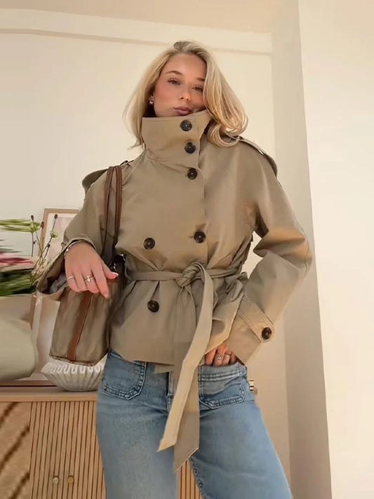 Women's Cropped Trench Coat – Belted Double Breasted Jacket
