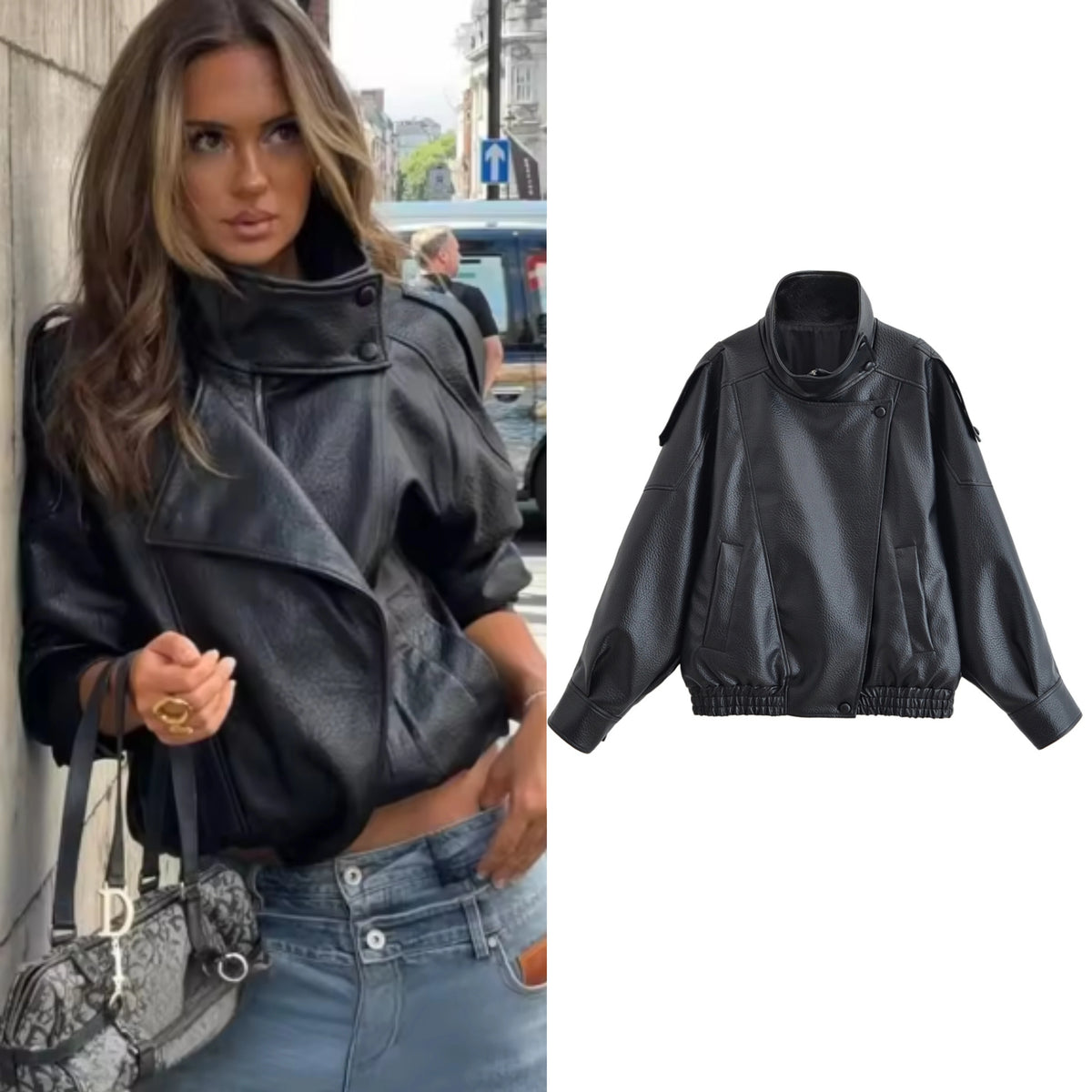 Pebble Faux Leather Motorcycle Jacket for Women