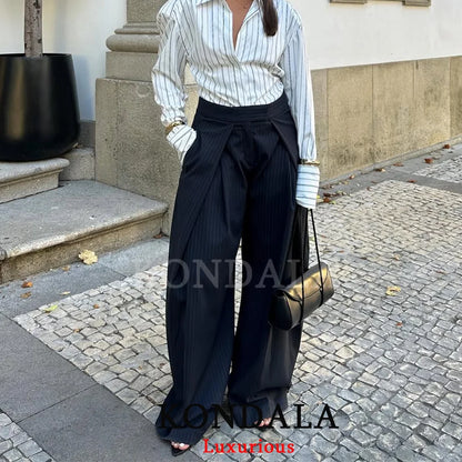 Wide Leg Pleated Trousers – Women's Casual Chic Office Pants with Pockets