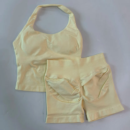 Women's 2-Piece Gym Set – Backless Halter Top & Seamless Shorts