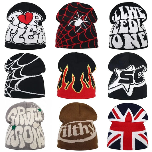Y2K Letter Print Knit Beanie Hat – Unisex Winter Cap