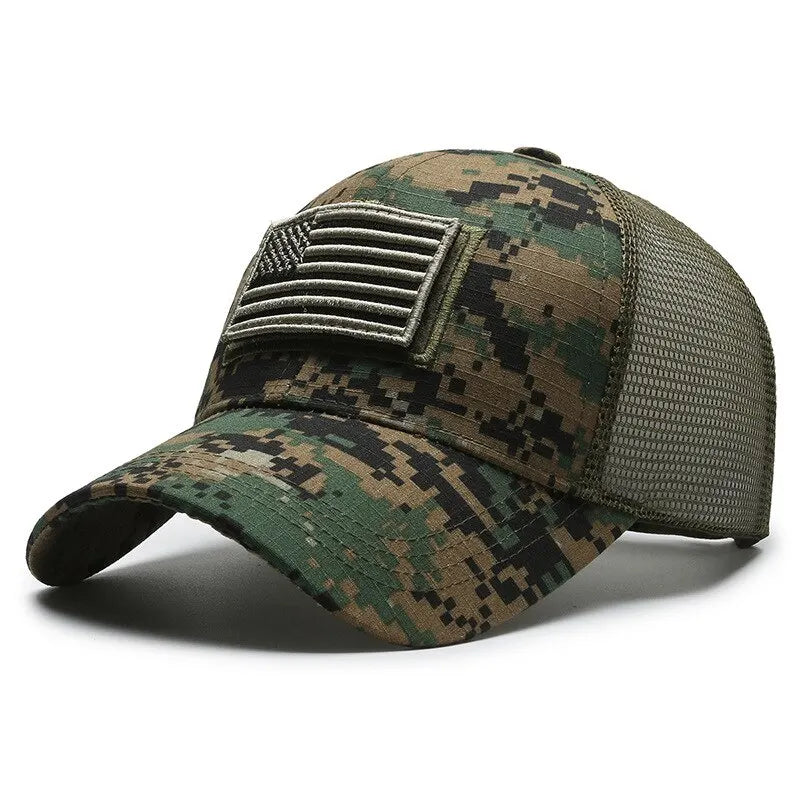 Camouflage Baseball Cap with American Flag Patch – Men's Mesh Trucker Hat