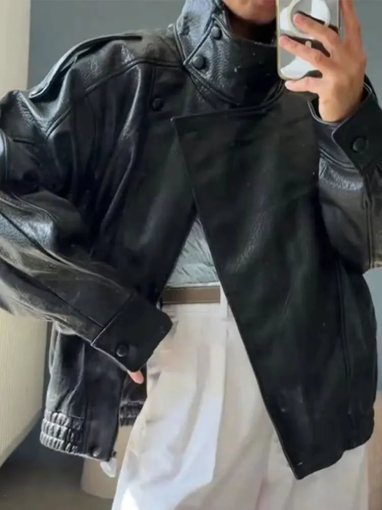 Faux Leather Moto Jacket for Women – Oversized PU Streetwear Coat
