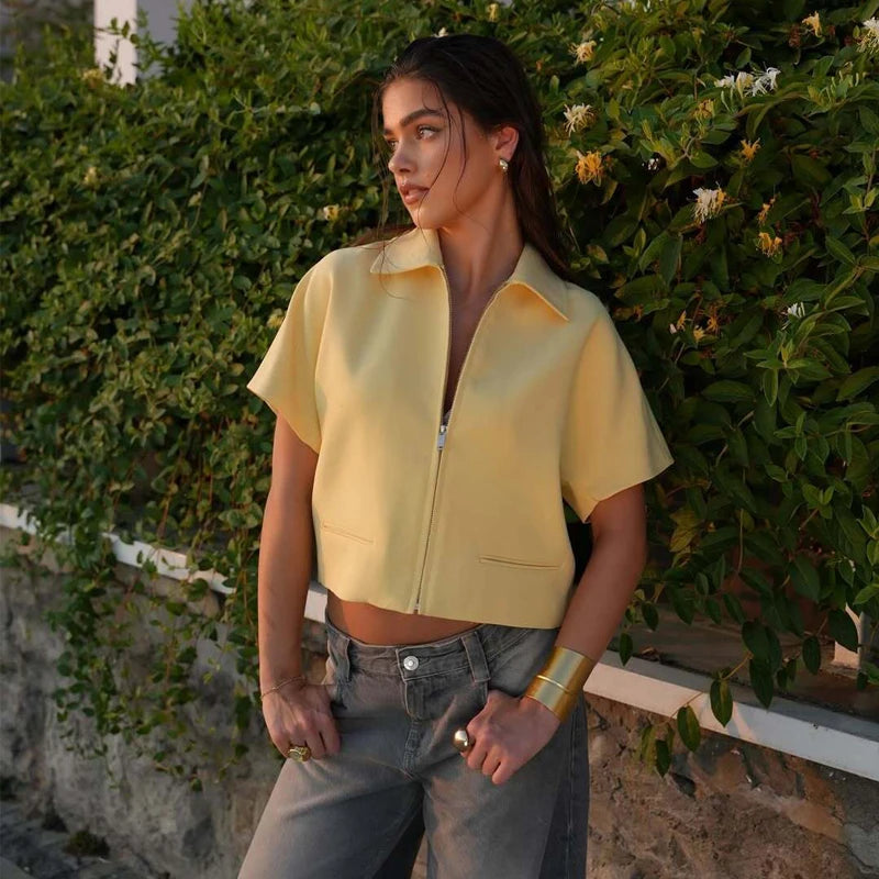 Women's Cropped Zip-Up Jacket Short Sleeve Summer Varsity Coat