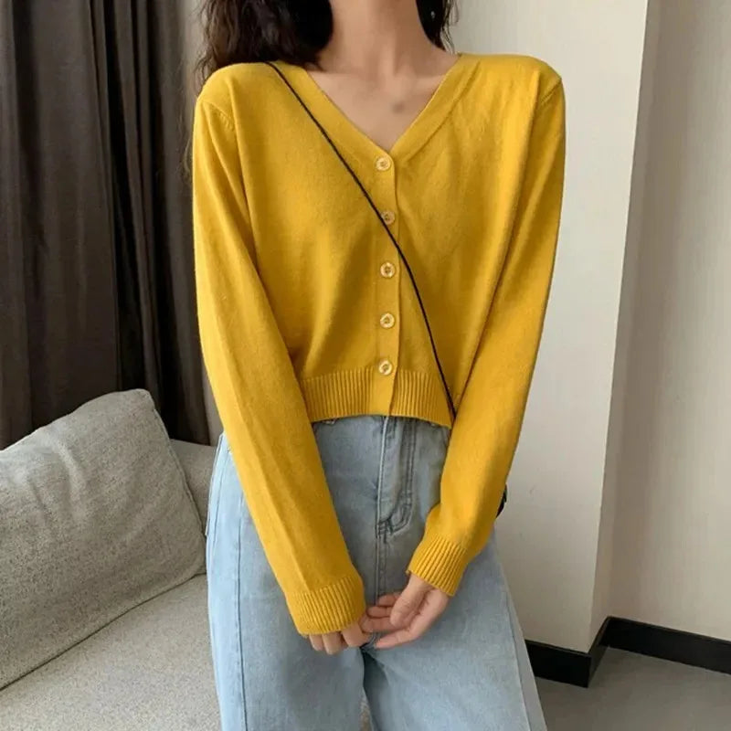 Women's Cropped Knit Cardigan – V-Neck Long Sleeve Button-Down Sweater