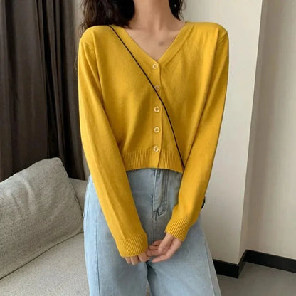 Women's Cropped Knit Cardigan – V-Neck Long Sleeve Button-Down Sweater