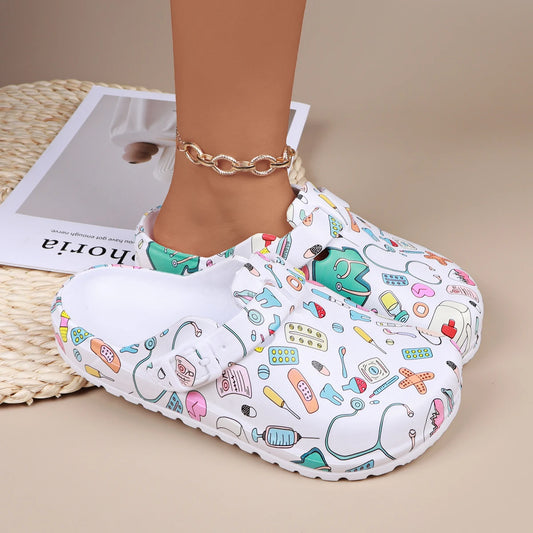Nurse Clogs for Women – Cartoon Print Non-Slip Closed Toe Comfort Shoes