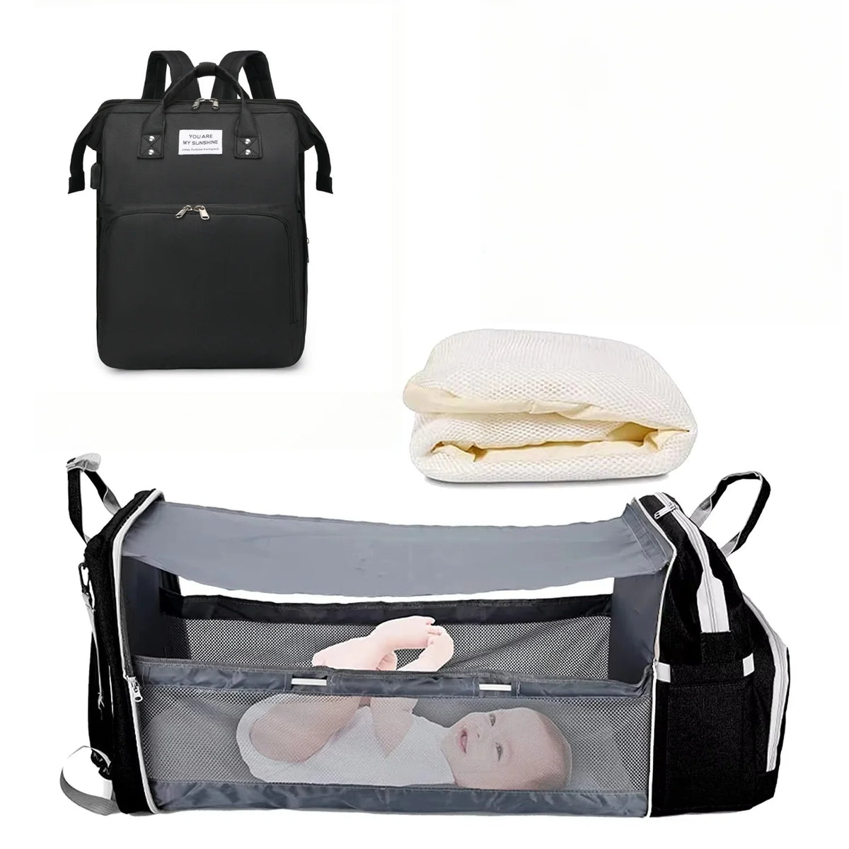 3-in-1 Diaper Bag Backpack with Foldable Baby Bed & USB Charging